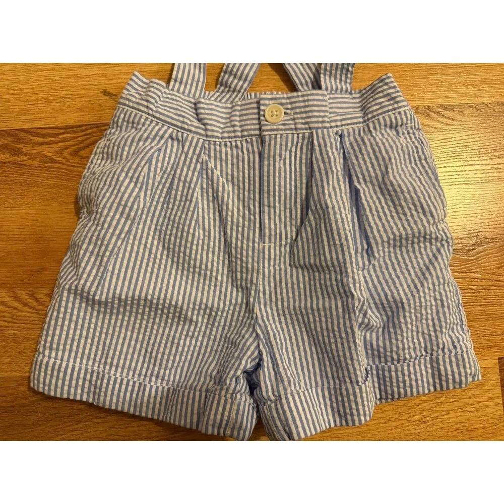 Ralph Lauren Baby Seersucker Shorts 9M‎ Blue White Striped Suspender